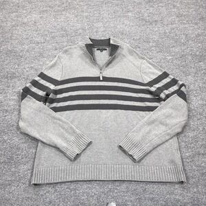 Tahari Sweater Mens XL Gray Striped 1/4 Zip Mock Neck Cotton Pullover Casual